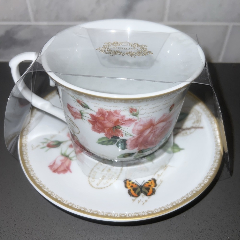Kent Pottery Pink Roses Garden Floral Butterfly Tea Cup & Saucer Set 10 oz